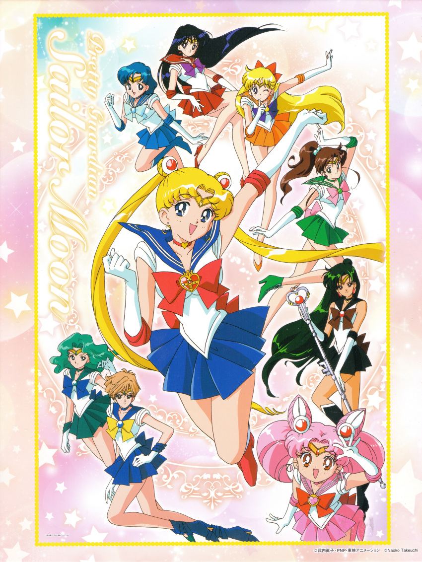 1990s_(style), 6+girls, :d, absurdres, aino_minako, ankle_boots, aqua_hair, arm_up, back_bow, bare_legs, bishoujo_senshi_sailor_moon, bishoujo_senshi_sailor_moon_s, black_choker, black_footwear, black_hair, black_sailor_collar, black_skirt, blonde_hair, blue_bow, blue_choker, blue_eyes, blue_footwear, blue_hair, blue_sailor_collar, blue_skirt, boots, bow, brooch, brown_bow, brown_hair, chibi_usa, choker, circlet, closed_mouth, cone_hair_bun, copyright_name, cosmic_heart_compact, dot_nose, double_bun, elbow_gloves, finger_to_mouth, garnet_rod, gloves, green_choker, green_eyes, green_footwear, green_hair, green_sailor_collar, green_skirt, hair_bobbles, hair_bow, hair_bun, hair_ornament, hairpin, hand_on_own_hip, heart, heart_brooch, heart_choker, high_heels, high_ponytail, highres, hino_rei, holding, holding_staff, itou_ikuko, jewelry, kaiou_michiru, kino_makoto, knee_boots, long_hair, magical_girl, meiou_setsuna, miniskirt, mizuno_ami, multicolored_background, multiple_girls, official_art, one_eye_closed, open_mouth, orange_footwear, orange_sailor_collar, orange_skirt, pink_bow, pink_choker, pink_footwear, pink_hair, pink_sailor_collar, pink_skirt, pleated_skirt, purple_bow, red_bow, red_choker, red_eyes, red_footwear, red_sailor_collar, red_skirt, retro_artstyle, sailor_chibi_moon, sailor_collar, sailor_jupiter, sailor_mars, sailor_mercury, sailor_moon, sailor_neptune, sailor_pluto, sailor_senshi, sailor_senshi_uniform, sailor_uranus, sailor_venus, scan, shoes, short_hair, single_hair_bun, skirt, smile, staff, star_(symbol), ten'ou_haruka, tsukino_usagi, twintails, very_short_hair, violet_eyes, wavy_hair, white_gloves, yellow_bow