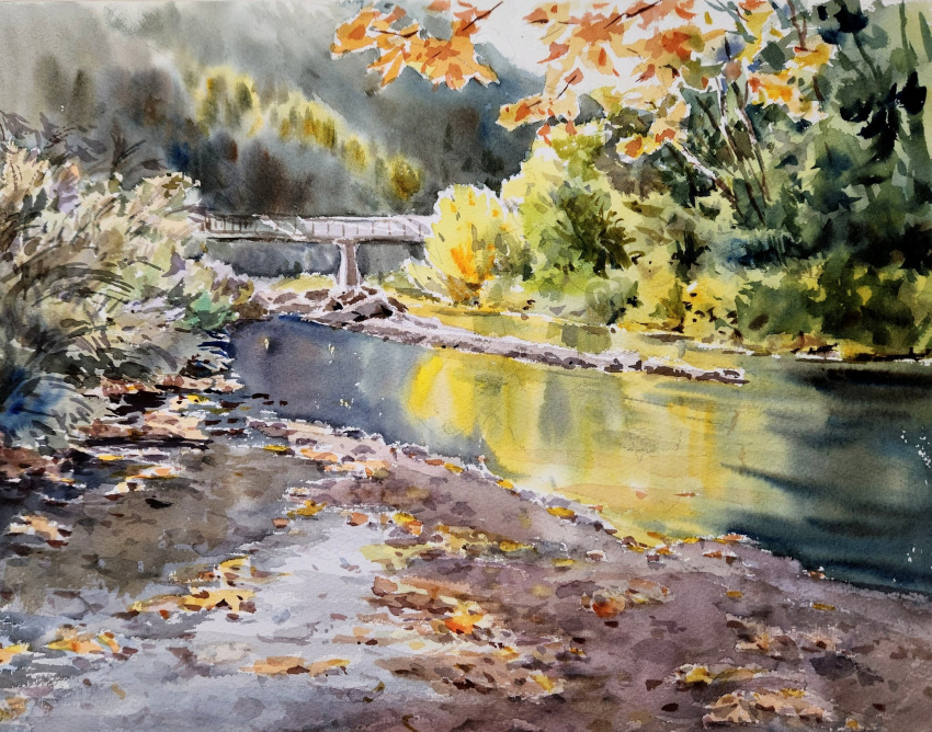 akemisuisai, autumn, autumn_leaves, bridge, bush, day, grass, highres, hill, mountain, mud, no_humans, original, painting_(medium), river, riverbank, scenery, shadow, sunlight, tall_grass, traditional_media, tree, tree_shade, watercolor_(medium)