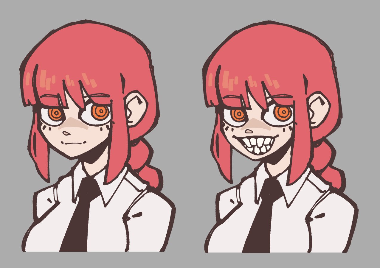 1girl, black_necktie, chainsaw_man, ethossketches, looking_at_viewer, makima_(chainsaw_man), multiple_views, necktie, orange_eyes, ponytail, redhead, shirt, smile, solo, teeth, upper_body, white_shirt