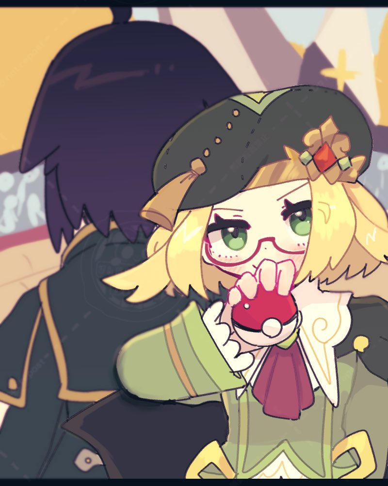 1boy, 1girl, ascot, back-to-back, beret, bianca_(champion)_(pokemon), bianca_(pokemon), black_hair