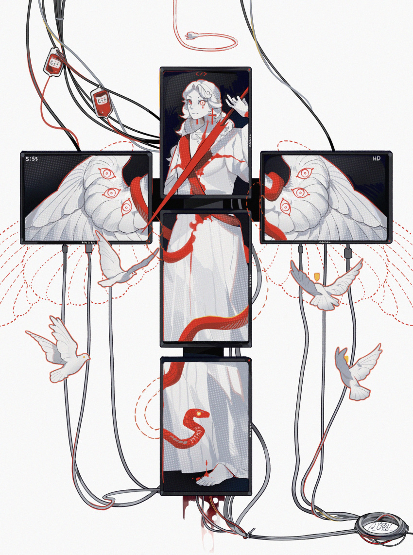 1boy, absurdres, androgynous, angel, angel_wings, animal, artist_name, barefoot