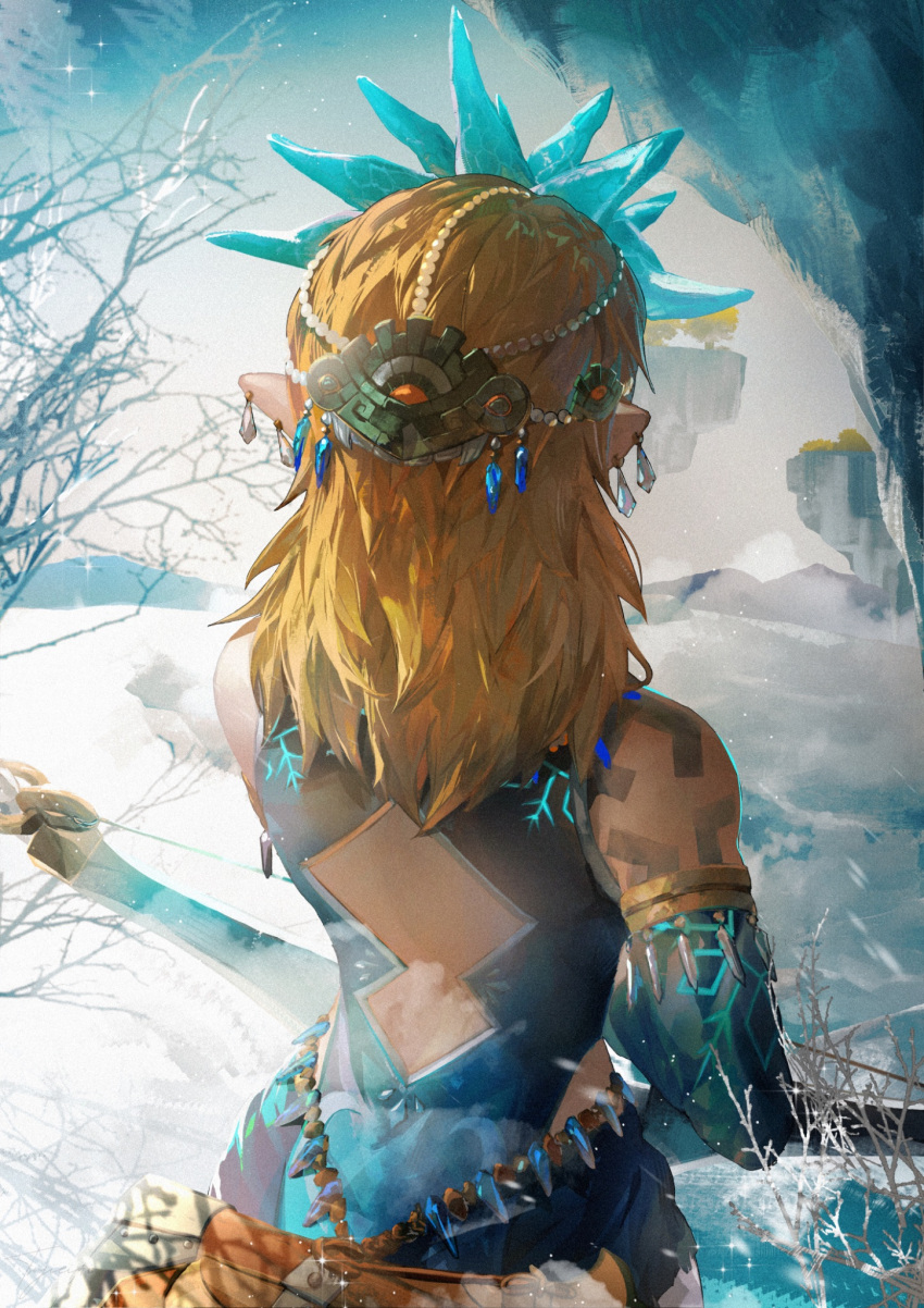 1boy, back_cutout, blue_dress, bow_(weapon), clothing_cutout, detached_sleeves, dress, earrings