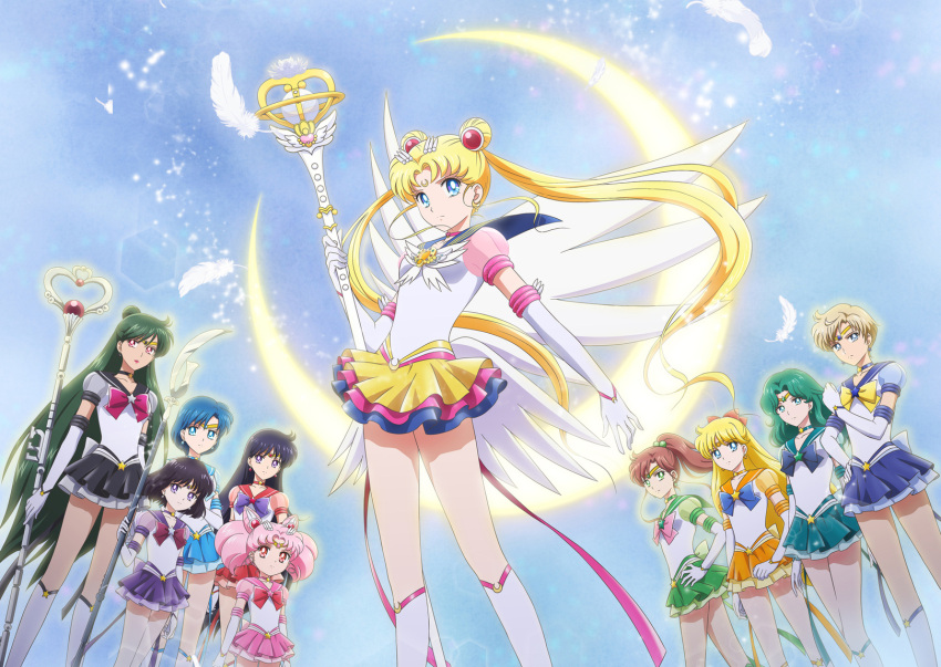 6+girls, aino_minako, aqua_eyes, aqua_hair, back_bow, bishoujo_senshi_sailor_moon, bishoujo_senshi_sailor_moon_crystal, bishoujo_senshi_sailor_moon_stars, black_choker, black_hair, black_skirt, blue_background, blue_bow, blue_eyes, blue_hair, blue_sailor_collar, blue_skirt, bob_cut, boots, bow, brooch, brown_hair, chibi_usa, choker, circlet, closed_mouth, cone_hair_bun, crescent, crescent_earrings, crescent_facial_mark, crescent_moon, double_bun, earrings, elbow_gloves, eternal_moon_article, eternal_sailor_moon, eternal_tiare, expressionless, facial_mark, feathers, forehead_mark, garnet_rod, gloves, green_bow, green_choker, green_eyes, green_hair, green_skirt, grey_bow, hair_bobbles, hair_bow, hair_bun, hair_ornament, hairpin, hand_on_own_hip, height_difference, high_ponytail, highres, hino_rei, holding, holding_polearm, holding_staff, holding_weapon, jewelry, kaiou_michiru, kino_makoto, knee_boots, layered_skirt, legs_apart, legs_together, long_hair, looking_at_viewer, magical_girl, meiou_setsuna, miniskirt, mizuno_ami, moon, multiple_girls, official_art, orange_choker, orange_sailor_collar, orange_skirt, parted_bangs, pink_bow, pink_choker, pink_hair, pink_sailor_collar, pink_skirt, pleated_skirt, polearm, puffy_sleeves, purple_bow, purple_choker, purple_sailor_collar, purple_skirt, red_bow, red_choker, red_eyes, red_lips, red_sailor_collar, red_skirt, sailor_chibi_moon, sailor_collar, sailor_jupiter, sailor_mars, sailor_mercury, sailor_moon, sailor_neptune, sailor_pluto, sailor_saturn, sailor_senshi, sailor_uranus, sailor_venus, see-through, see-through_sleeves, short_hair, silence_glaive, single_hair_bun, skirt, sparkle, staff, standing, star_(symbol), star_brooch, star_choker, super_sailor_chibi_moon_(stars), super_sailor_jupiter_(stars), super_sailor_mars_(stars), super_sailor_mercury_(stars), super_sailor_neptune_(stars), super_sailor_pluto_(stars), super_sailor_saturn_(stars), super_sailor_uranus_(stars), super_sailor_venus_(stars), takahashi_akira, ten'ou_haruka, tomoe_hotaru, tsukino_usagi, twintails, very_short_hair, violet_eyes, wavy_hair, weapon, white_feathers, white_footwear, white_gloves, white_wings, wings, yellow_bow, yellow_skirt