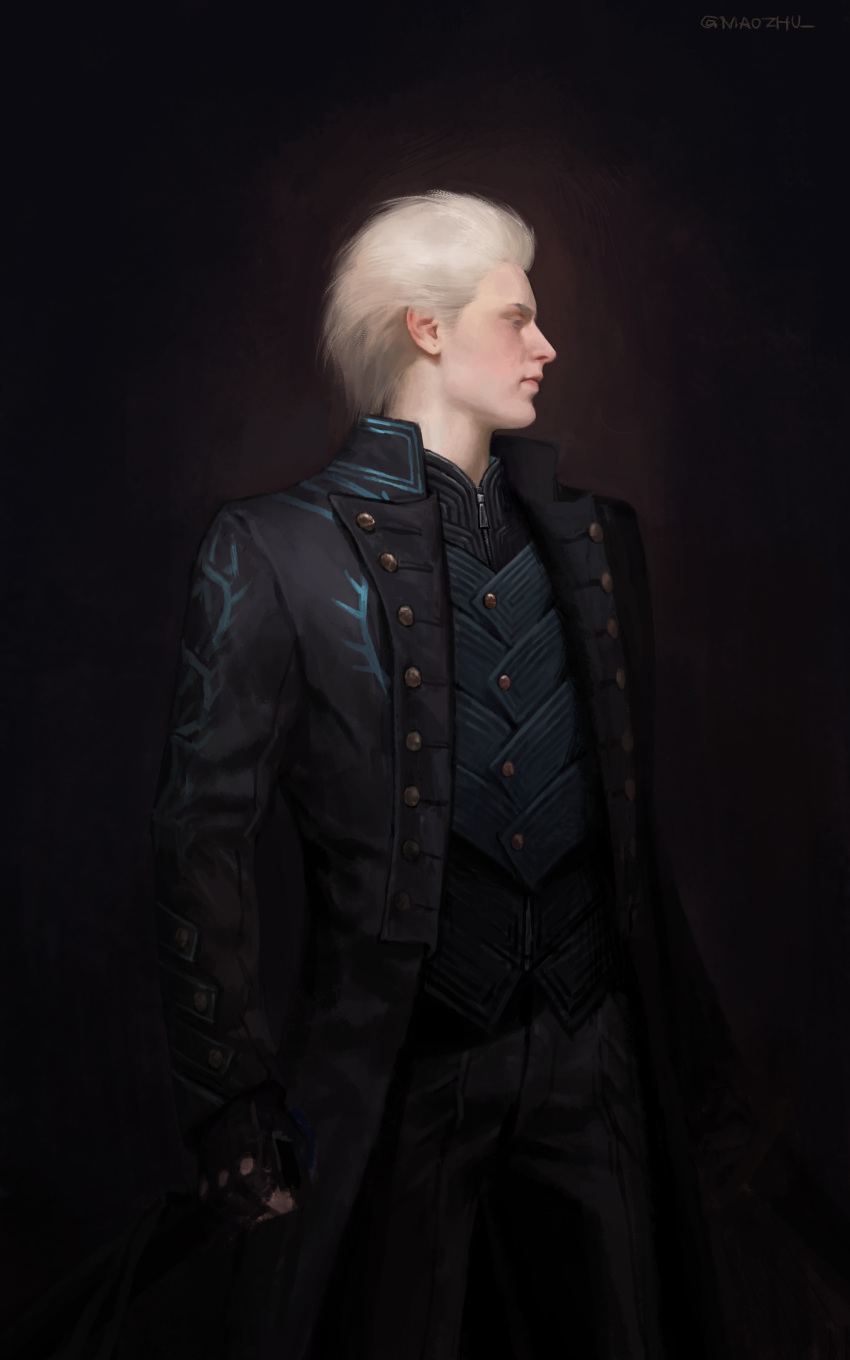 1boy, absurdres, blue_eyes, closed_mouth, coat, devil_may_cry_(series), devil_may_cry_5, fingerless_gloves