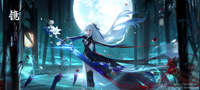 1girl, absurdres, back_cutout, baiheng_(honkai:_star_rail), black_gloves, black_thighhighs, blue_dress, blue_hair