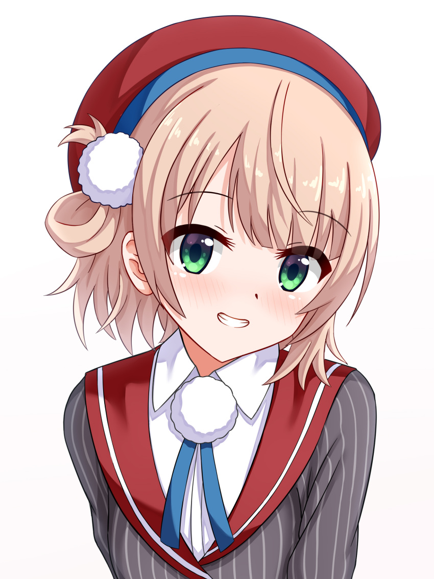 1girl, blush, breasts, brown_hair, green_eyes, hat, highres, indie_virtual_youtuber