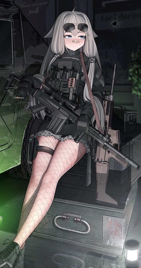 1girl, ammunition_pouch, assault_rifle, aviator_sunglasses, bandaid, bandaid_on_face, bandaid_on_nose, blue_eyes, blush, bulletproof_vest, celeste_reina_(neptune_zx), cross-laced_footwear, crossed_legs, eyewear_on_head, fishnet_pantyhose, fishnets, gloves, glowstick, gun, holding, holding_weapon, humvee, lantern, legs, long_hair, motor_vehicle, neptune_zx, original, pantyhose, penlight_(glowstick), pouch, rifle, ruins, scope, short_shorts, shorts, sitting, sniper_rifle, solo, sunglasses, thigh_strap, weapon, white_hair