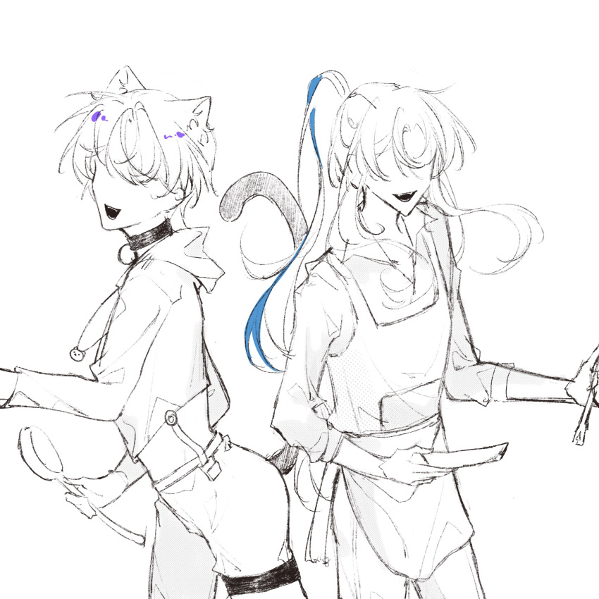 2boys, animal_collar, animal_ears, apron, bell, bowl, cat_ears, cat_necklace