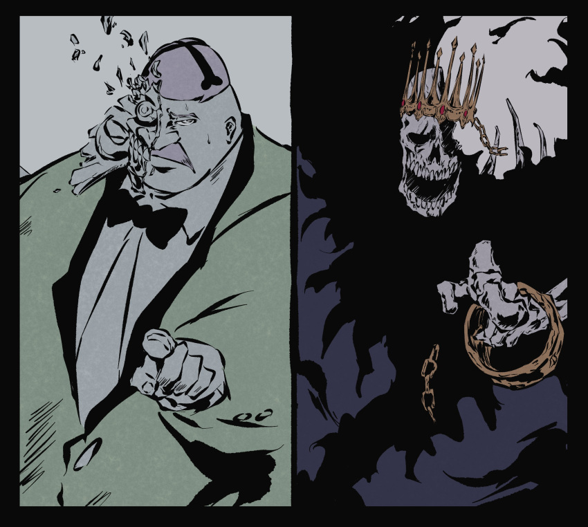 2boys, baraggan_louisenbairn, battle, black_border, black_robe, bleach, bone_print, border