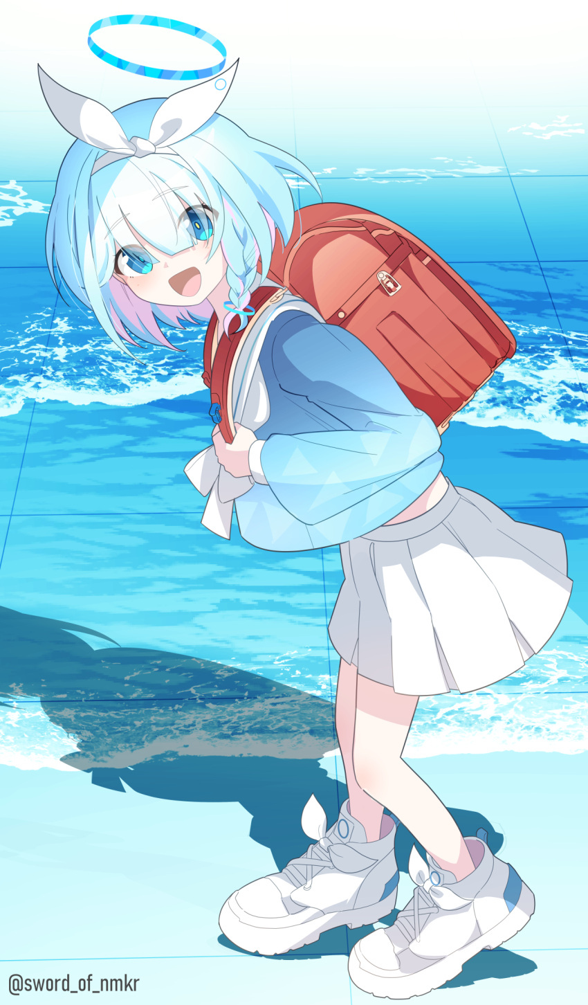 1girl, arona_(blue_archive), backpack, bag, blue_archive, blue_eyes, blue_hair, blue_halo