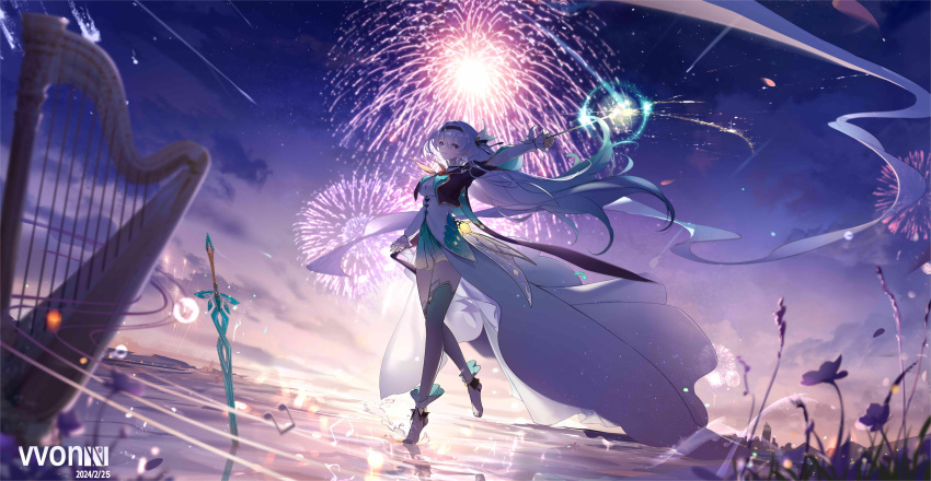 1girl, absurdres, barefoot, black_hairband, black_jacket, blue_pupils, bow, chinese_commentary
