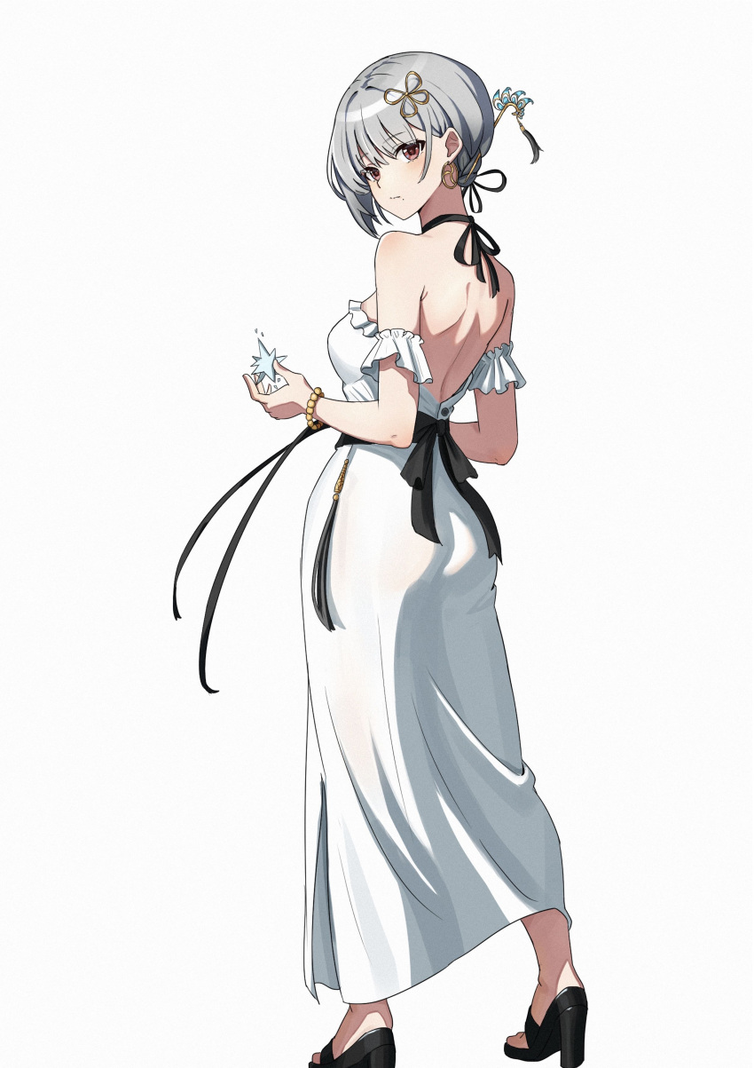 1girl, :/, absurdres, alternate_costume, back_bow, backless_dress, backless_outfit, bare_back