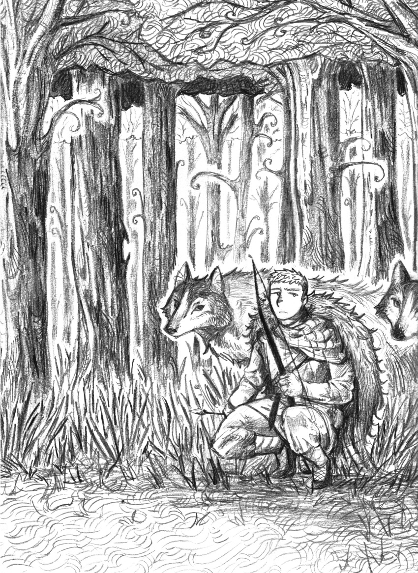 1boy, absurdres, animal, arrow_(projectile), bow_(weapon), cloak, closed_mouth, dungeon_meshi, english_commentary, forest, full_body, grass, greyscale, highres, holding, holding_bow_(weapon), holding_weapon, laios_touden, long_sleeves, looking_at_viewer, male_focus, monochrome, nature, outdoors, pelt, screachogreilige, short_hair, solo, squatting, tree, undercut, very_short_hair, weapon, wolf
