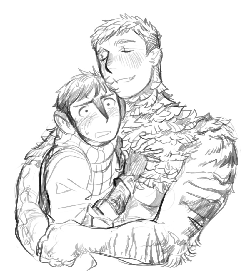2boys, animal_hands, blush, chilchuck_tims, chimera, closed_eyes, dungeon_meshi, english_commentary