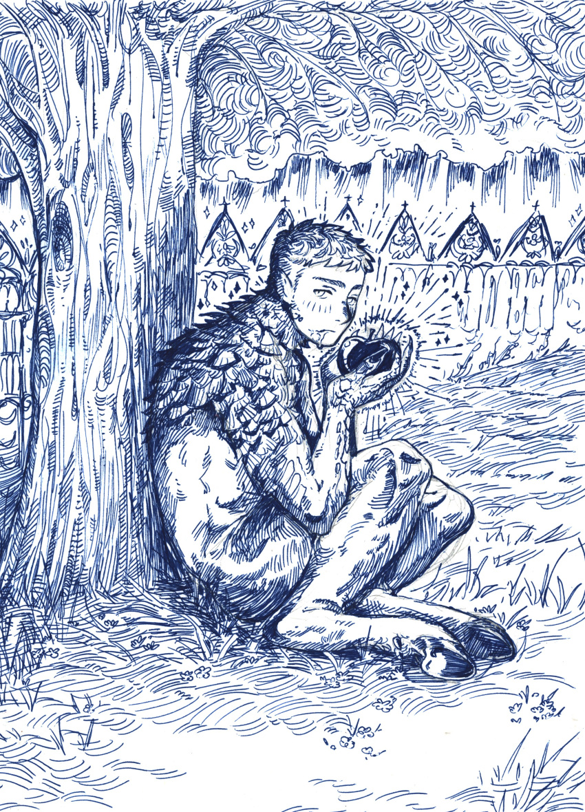1boy, absurdres, animal_feet, animal_hands, apple, blue_theme, chimera, closed_mouth