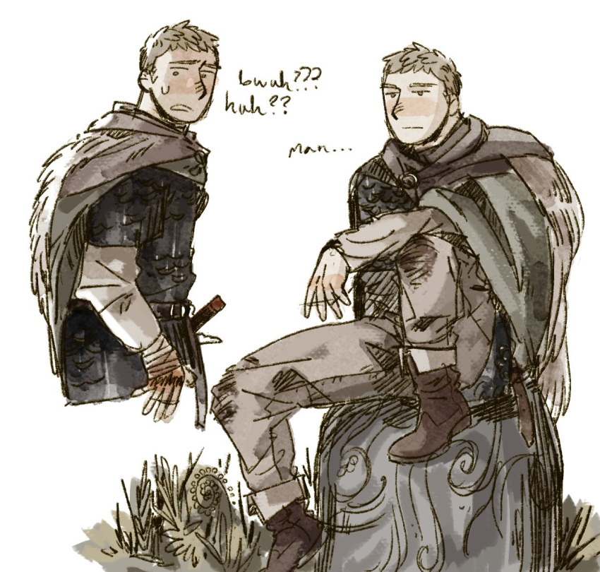 1boy, bandaged_arm, bandages, boots, brown_cloak, brown_footwear, brown_hair, brown_pants