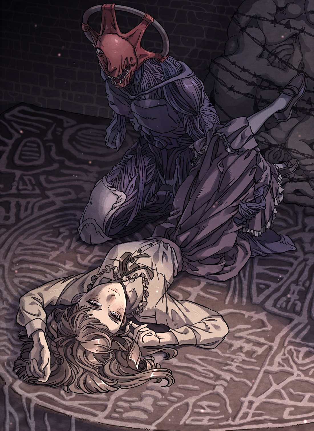 1girl, 1other, barbed_wire, brick_wall, brown_hair, commentary, dysmorphia_(fear_&amp;_hunger), fear_&amp;_hunger