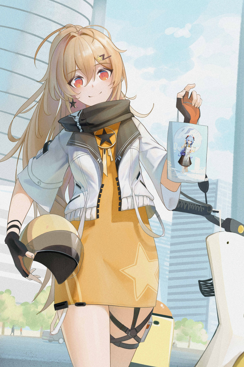1girl, absurdres, bag, benghuai_xueyuan, black_gloves, black_scarf, blonde_hair, blue_sky, chinese_commentary, cityscape, commentary_request, company_connection, cowboy_shot, dress, earrings, fingerless_gloves, ganyu_(genshin_impact), ganyu_(heytea)_(genshin_impact), genshin_impact, gloves, hair_intakes, hair_ornament, hairclip, hand_up, helmet, highres, holding, holding_bag, holding_helmet, honkai_(series), jacket, jewelry, karin_mered_(benghuai_xueyuan), long_hair, looking_at_viewer, motor_vehicle, niao_fan, open_clothes, open_jacket, orange_eyes, orange_gloves, outdoors, ponytail, scarf, scooter, sky, smile, solo, standing, thigh_strap, two-tone_gloves, unworn_headwear, unworn_helmet, white_jacket, yellow_dress