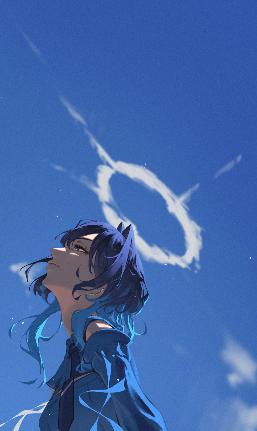 1girl, absurdres, blue_eyes, blue_hair, blue_necktie, blue_shirt, closed_mouth, clouds