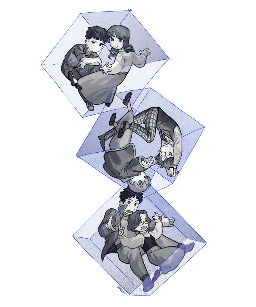 3boys, 3girls, artist_name, bomber_jacket, box, daan_(fear_&amp;_hunger), deformed, eyepatch