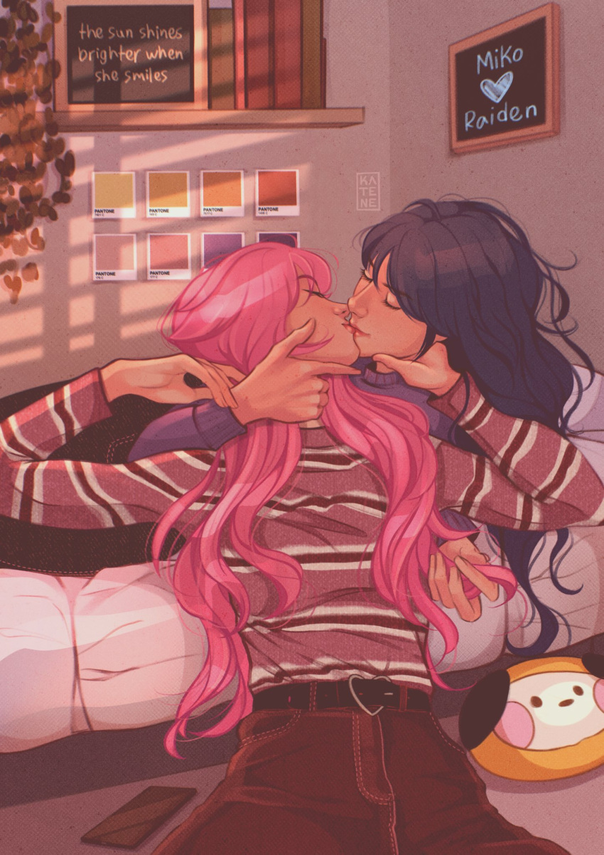 2girls, belt, book, brown_pants, cellphone, closed_eyes, commentary, contemporary, english_commentary, genshin_impact, hand_on_another's_neck, highres, indoors, katenearts, kiss, lesbian_flag, long_hair, long_sleeves, multiple_girls, on_bed, pants, phone, pink_hair, pink_sweater, plant, purple_hair, purple_sweater, raiden_shogun, red_lips, smartphone, striped_clothes, striped_sweater, sweater, yae_miko, yuri