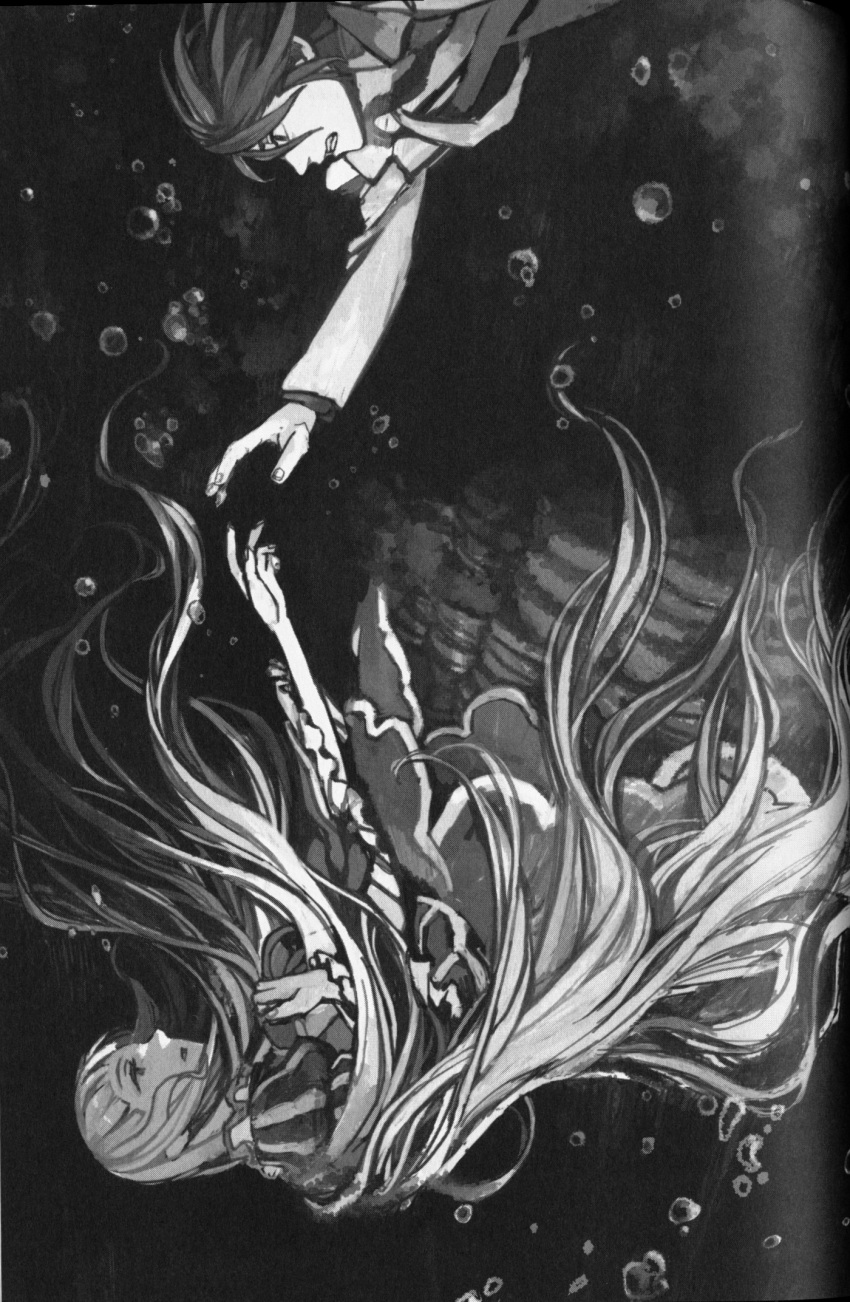 1boy, 1girl, air_bubble, asphyxiation, beatrice_(umineko), blunt_bangs, bubble, clenched_teeth, dress, drowning, fingernails, floating_hair, formal, frilled_dress, frilled_sleeves, frills, greyscale, hair_between_eyes, highres, jacket, long_hair, long_sleeves, monochrome, necktie, official_art, open_mouth, outstretched_hand, puffy_sleeves, scan, short_hair, sinking, spoilers, submerged, suicide, suit, teeth, third-party_source, tomohi, twilight_of_the_golden_witch, umineko_no_naku_koro_ni, underwater, ushiromiya_battler, very_long_hair, water