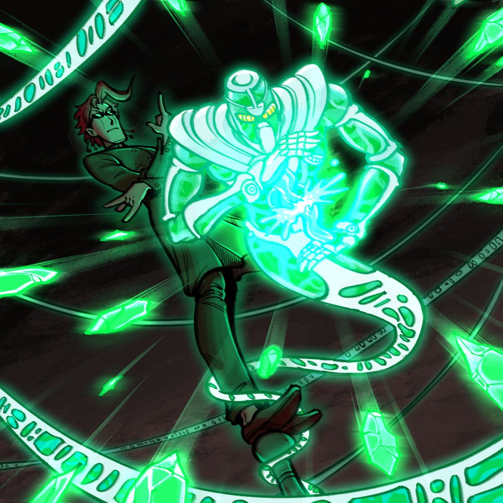 1boy, commentary, english_commentary, full_body, gakuran, hierophant_green, jinjango, jojo_no_kimyou_na_bouken