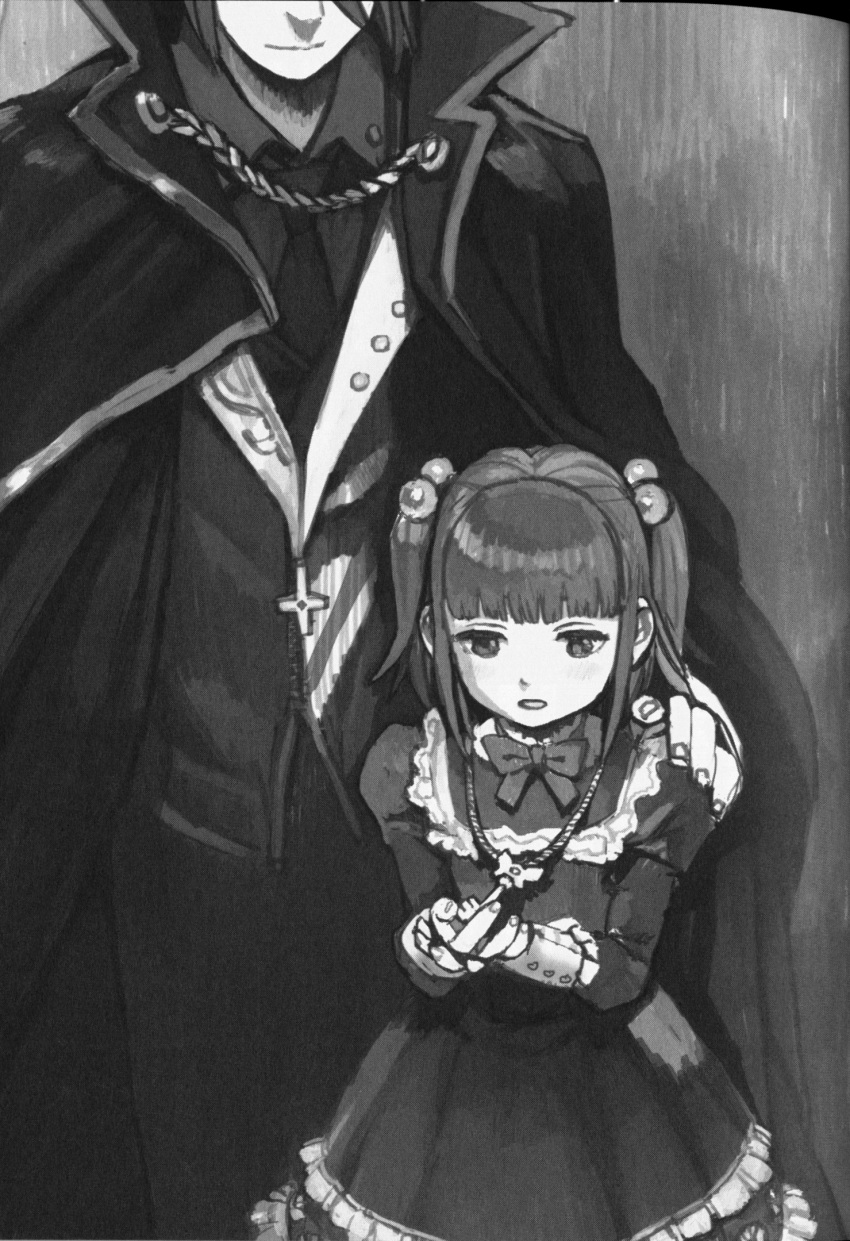 1boy, 1girl, blunt_bangs, brother_and_sister, buttons, cape, child, cropped_head