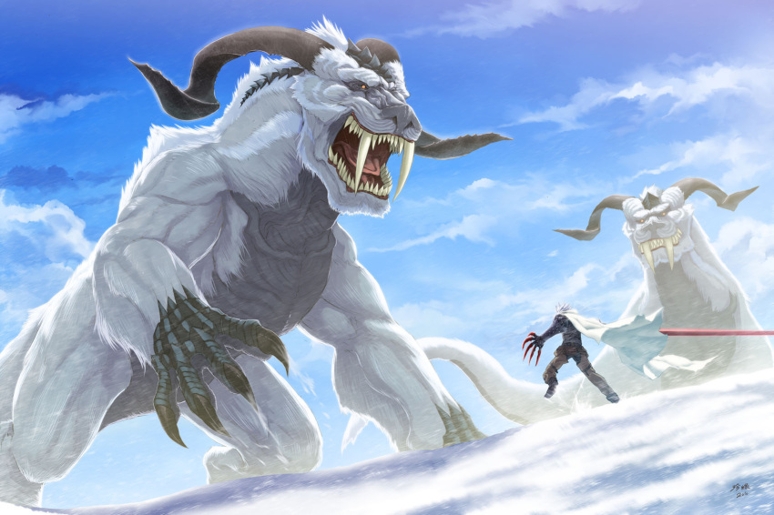 cape, claws, dragon, fang, green_tear, group_battle, highres, horns