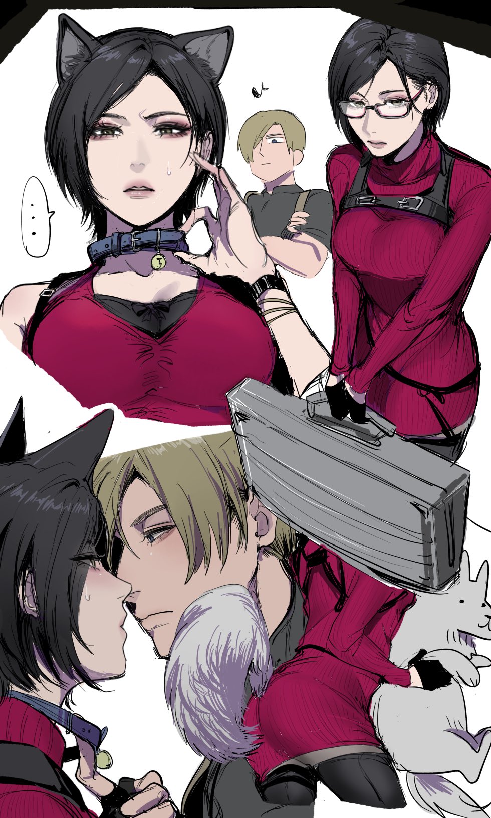 1boy, 1girl, ada_wong, animal_ears, asian, ass, black_hair, blonde_hair