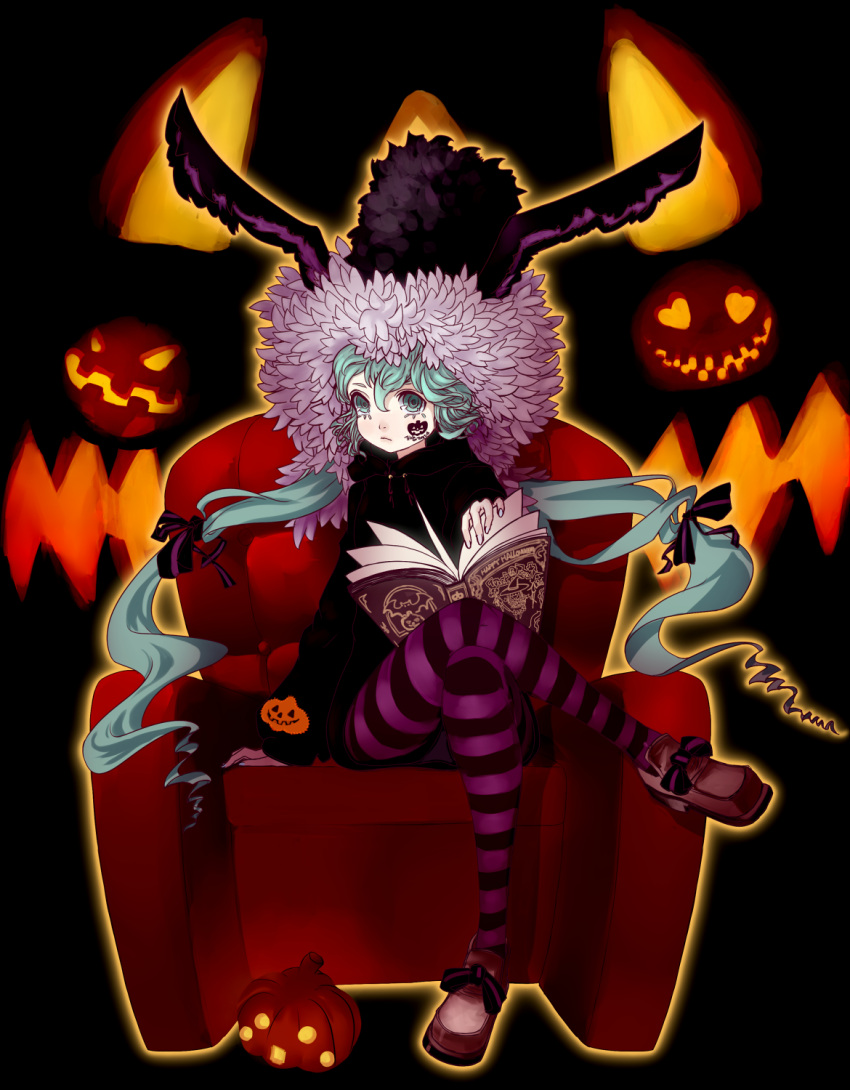 bat, blue_hair, book, bow, bunny_ears, chair, cloak, facial_mark