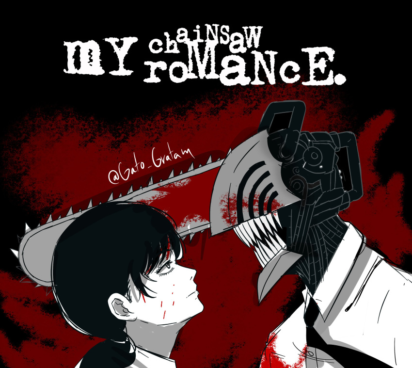 1boy, 1girl, absurdres, album_cover_redraw, blood, blood_on_clothes, blood_on_face, chainsaw_man