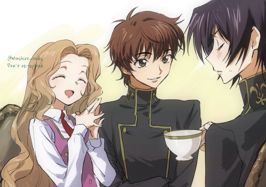 1girl, 2boys, absurdres, ashford_academy_school_uniform, blind, blush, brother_and_sister, brown_hair