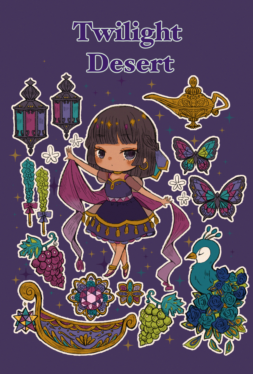 1girl, anklet, bird, brown_hair, bug, butterfly, cerika, closed_mouth