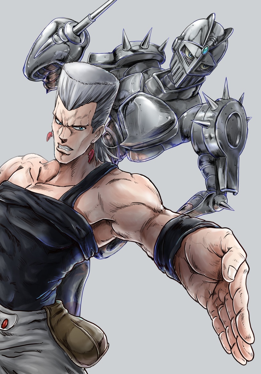 1boy, absurdres, armor, bare_shoulders, black_wristband, blue_eyes, clenched_teeth, collarbone