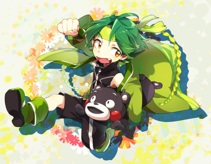1boy, black_shirt, black_shorts, clenched_hand, fang, full_body, green_footwear, green_hair