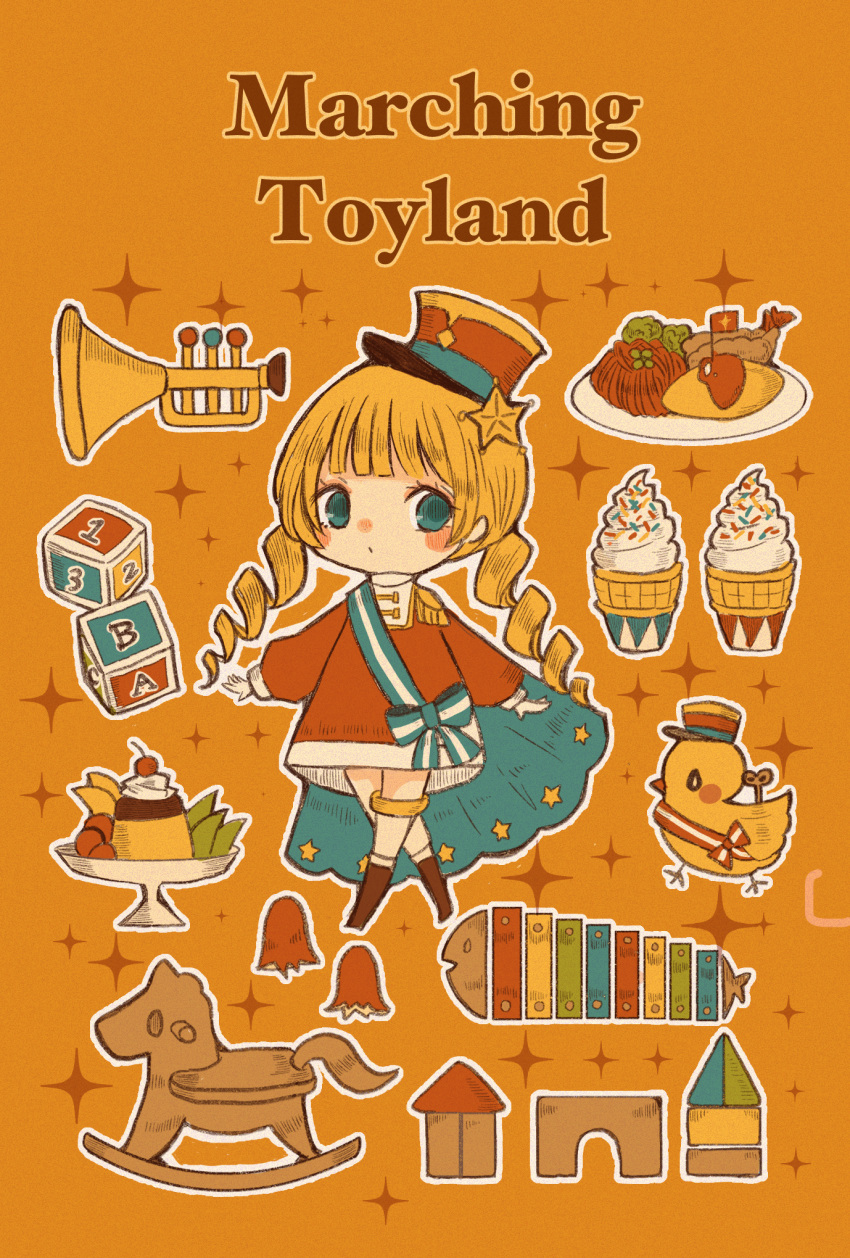 1girl, blue_eyes, blush_stickers, brown_footwear, cerika, cherry, drill_hair, english_text