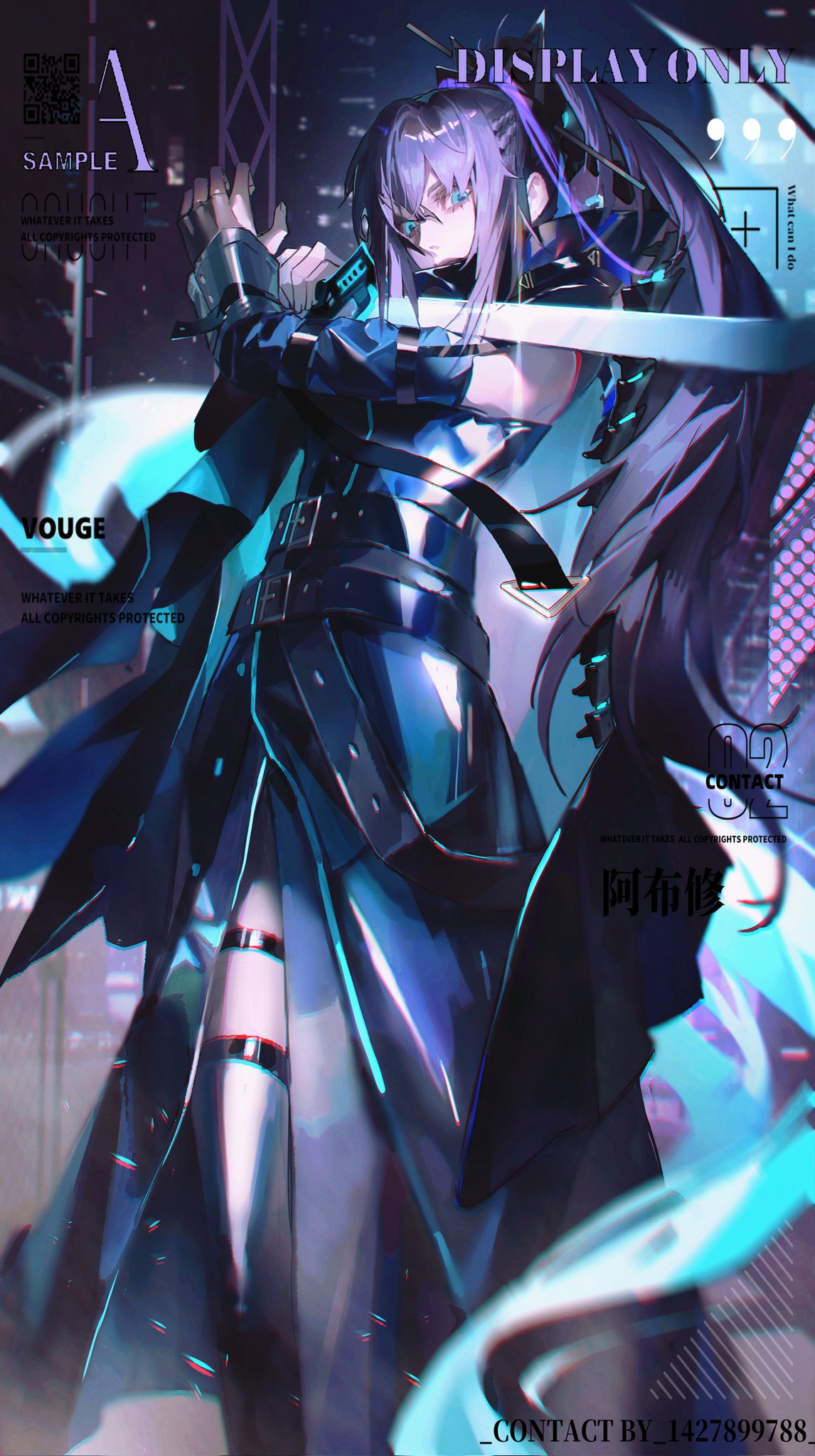 1girl, aqua_eyes, bai_yi_(path_to_nowhere), belt, city, coat, detached_sleeves, hair_ornament, hairband, hairpin, harness, high_collar, high_ponytail, highres, holding, holding_sword, holding_weapon, llmia4, long_hair, looking_at_viewer, night, outdoors, path_to_nowhere, purple_hair, solo, standing, sword, thigh-highs, thigh_strap, very_long_hair, weapon