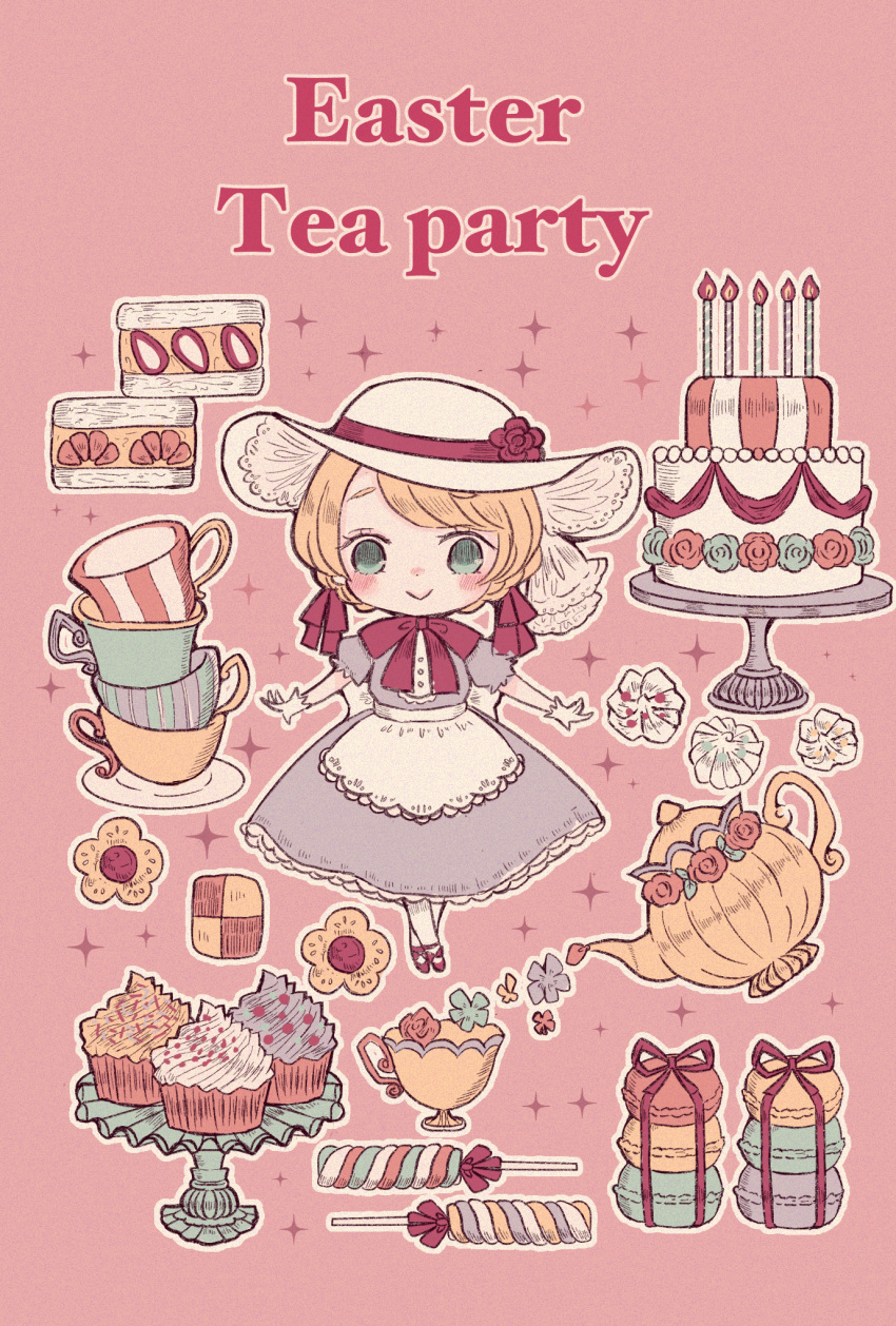 1girl, apron, blonde_hair, blue_eyes, cake, cake_stand, candle, candy