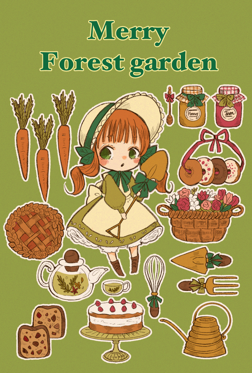1girl, apple_pie, apron, bonnet, bow, brown_hair, cake, cake_stand