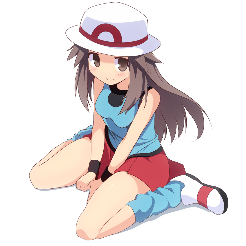 1girl, bare_shoulders, between_legs, black_wristband, blue_shirt, blue_socks, blush, brown_eyes