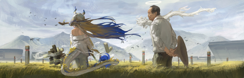 1boy, 1girl, absurdres, animal, arknights, bare_shoulders, bird, black_bird