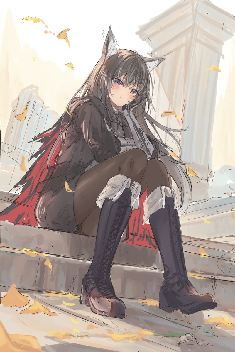 1girl, animal_ear_fluff, animal_ears, arknights, boots, brown_hair, cape, gloves