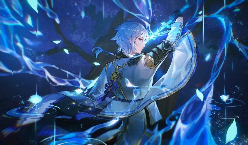 1boy, arm_up, armor, asymmetrical_hair, black_armor, black_gloves, blue_eyes, blue_hair