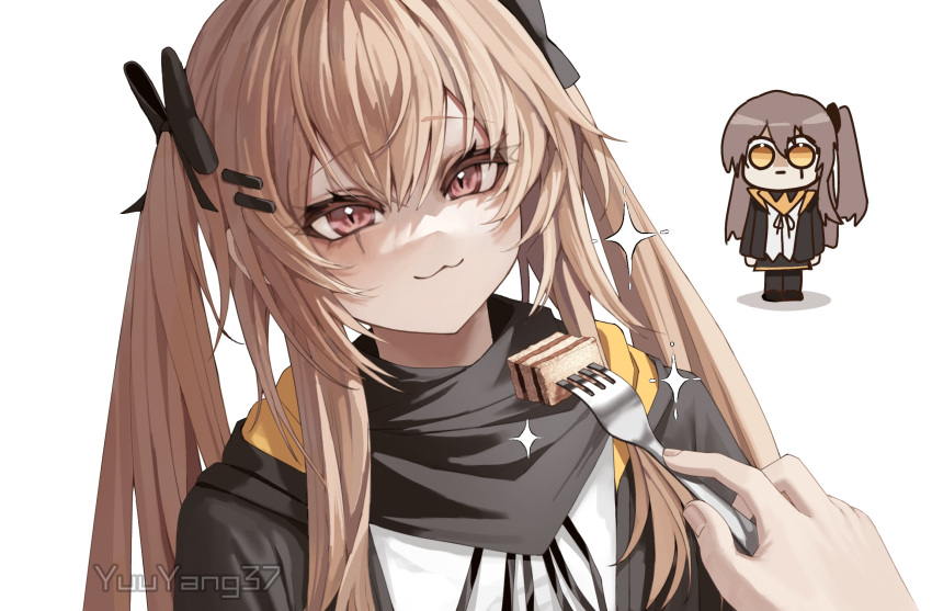 2girls, :3, artist_name, black_bow, black_jacket, black_neckerchief, blonde_hair, blush
