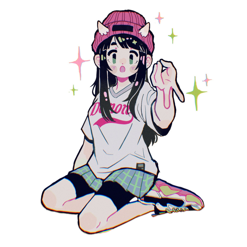 1girl, beanie, bike_shorts, black_hair, black_shorts, blue_skirt, blush_stickers, commentary