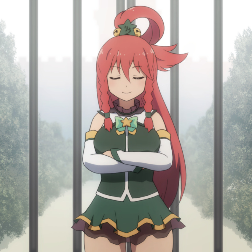 aqua_(konosuba), aqua_(konosuba)_(cosplay), braid, breasts, closed_eyes, commentary, cosplay, crossed_arms