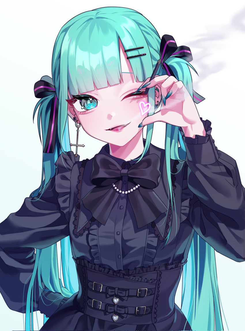 1girl, aegyo_sal, black_ribbon, black_shirt, black_skirt, blue_eyes, blue_hair, blue_nails