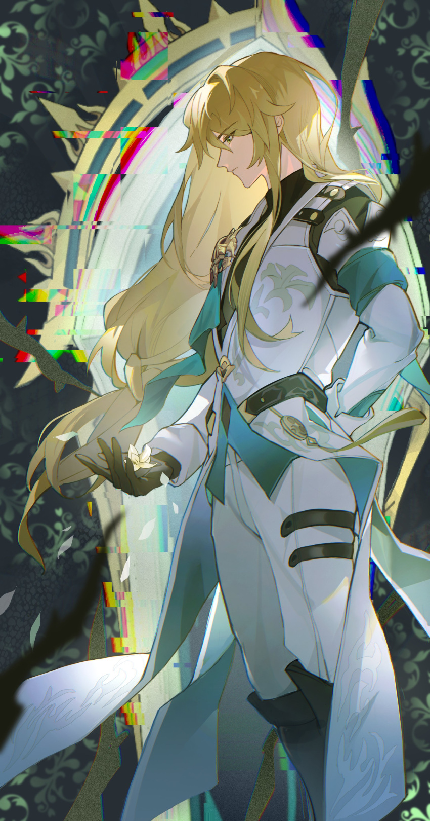 1boy, absurdres, arm_behind_back, armband, black_footwear, black_gloves, black_shirt, blonde_hair, boots, closed_mouth, coat, coattails, feet_out_of_frame, flower, from_side, glitch, gloves, green_armband, green_eyes, green_vest, hair_between_eyes, highres, holding, holding_flower, honkai:_star_rail, honkai_(series), knee_boots, long_hair, long_sleeves, looking_down, low-tied_long_hair, luocha_(honkai:_star_rail), male_focus, miliya, pants, profile, serious, shirt, solo, standing, turtleneck, turtleneck_shirt, vest, white_coat, white_flower, white_pants