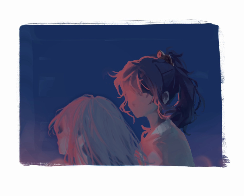 2girls, asahina_mafuyu, blue_hair, blue_sky, border, dark_blue_hair, faceless, faceless_female, facing_another, grey_hair, high_ponytail, highres, l9525, limited_palette, long_hair, multiple_girls, night, night_sky, no_lineart, project_sekai, sky, sweater, white_border, yoisaki_kanade